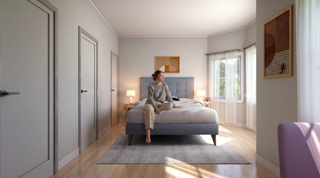 3D interior rendering of modern minimalist bedroom with soft lighting, upholstered bed, wooden flooring, and natural daylight 3D Visualization
