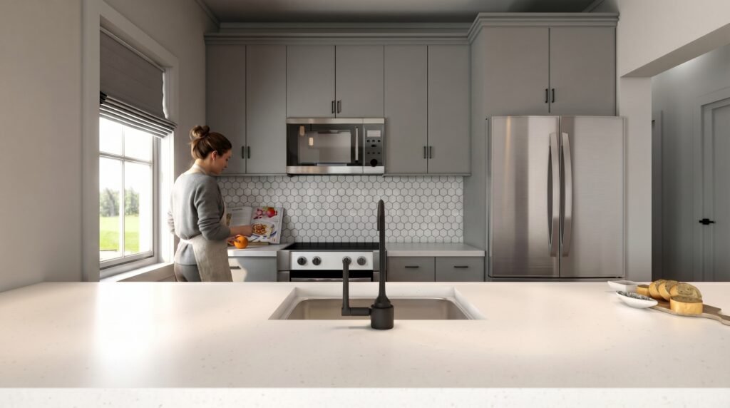 3D interior rendering of modern kitchen with white cabinets, stainless steel appliances, hexagon backsplash, and minimalist design 3D Visualization