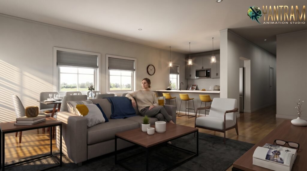 3D interior rendering of modern living room with open kitchen, dining area, natural sunlight, and contemporary furniture design