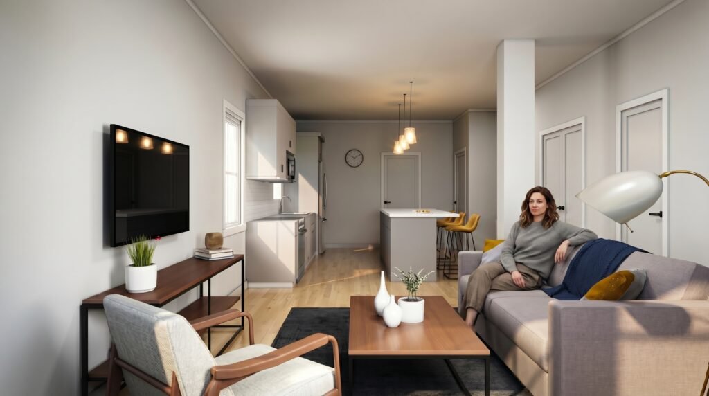 3D interior rendering of modern open-plan living room and kitchen with sofa, wooden flooring, TV unit, and natural sunlight 3D Visualization