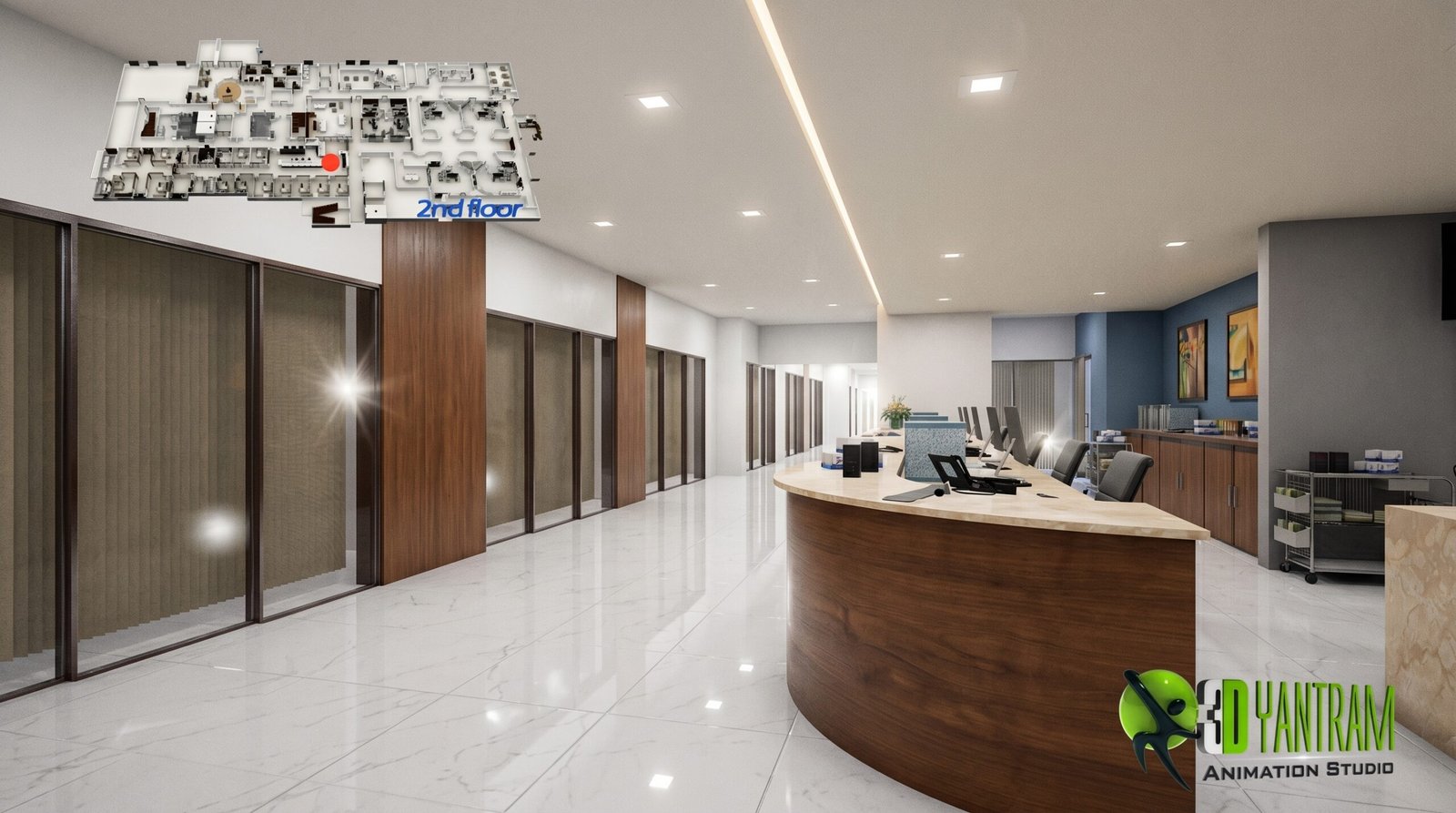 3D architectural rendering of modern hospital reception lobby with curved desk, glass partitions, and clean minimalist interior design