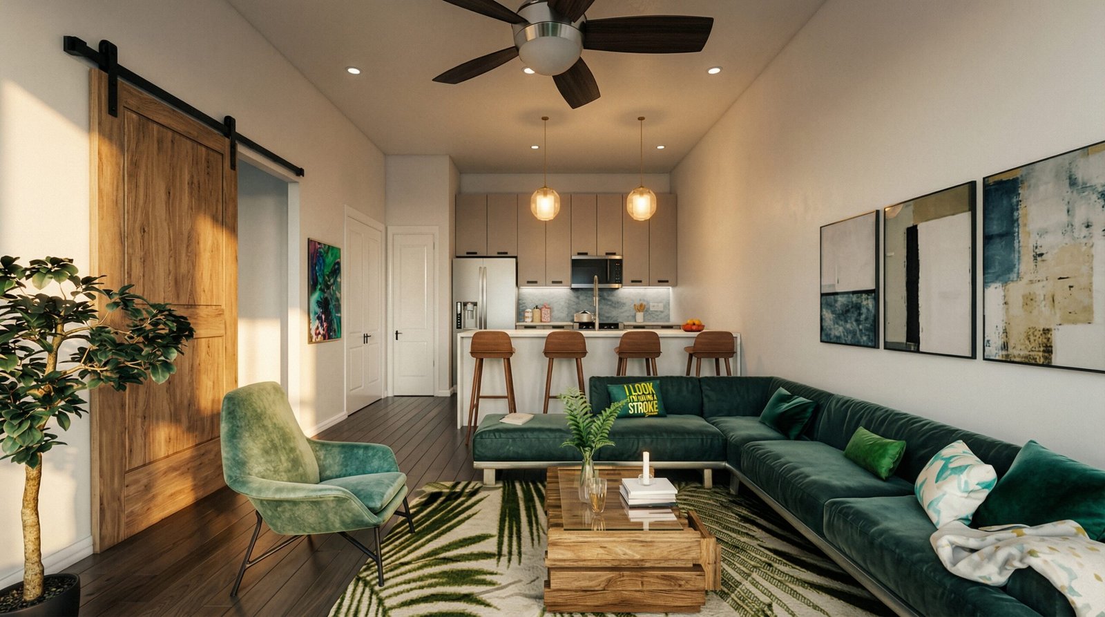 3D interior design rendering of modern living room with green sofa, open kitchen, wooden accents and contemporary decor