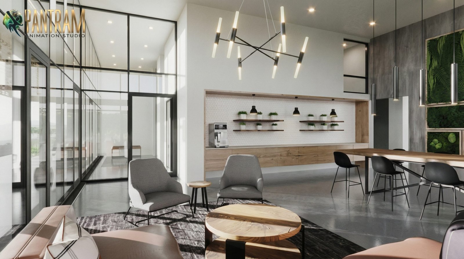 Modern office lobby waiting area with glass partitions, lounge seating, wooden finishes, and contemporary lighting in 3D interior rendering.