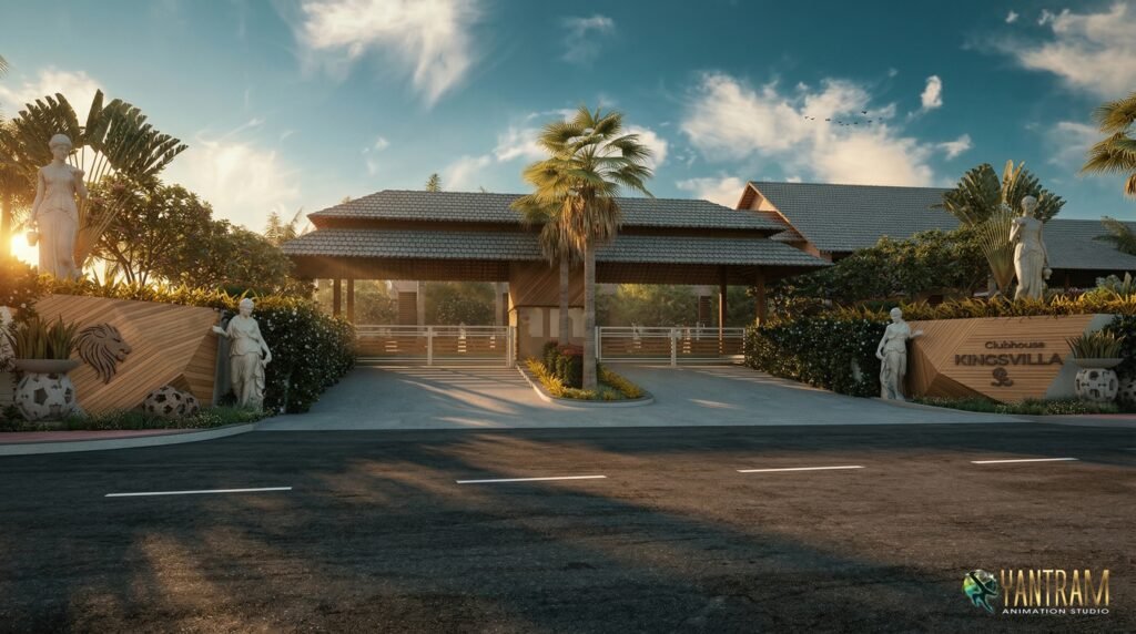 Luxury clubhouse entrance exterior visualization with tropical landscape, statues, and warm sunset lighting in architectural rendering