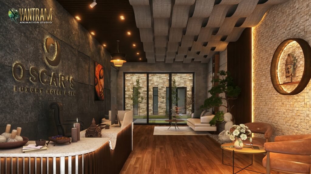 Luxury hotel reception interior 3D visualization with warm lighting, wooden textures, and modern spa-inspired design