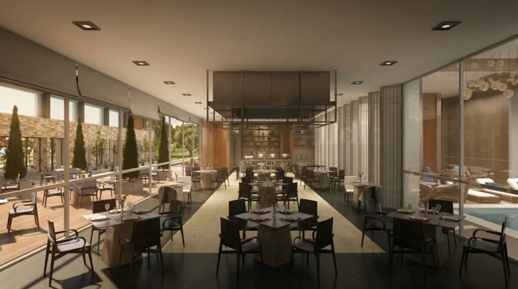 Modern restaurant interior 3D visualization with elegant seating, natural lighting, and open-plan dining space design