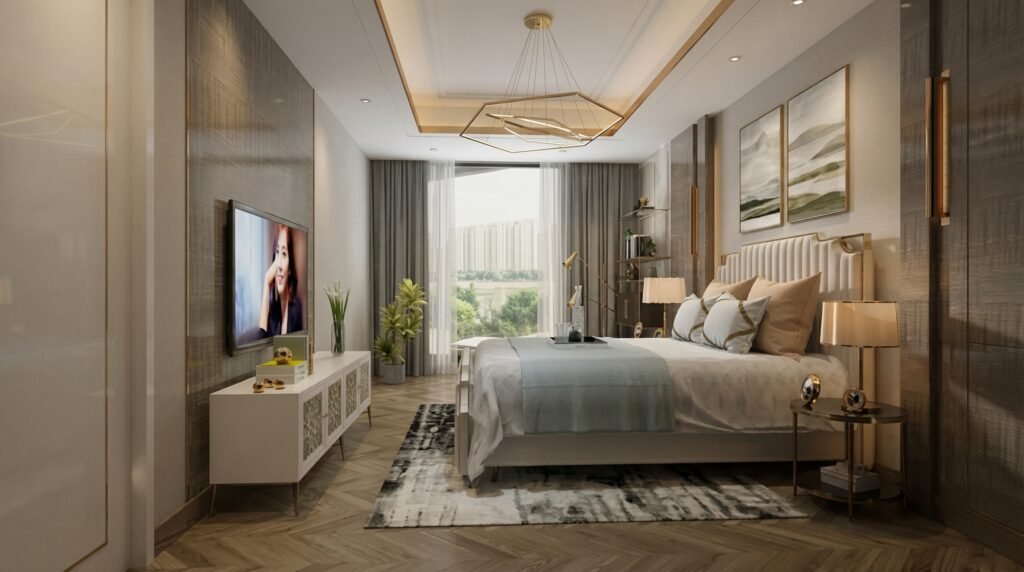 Luxury modern bedroom interior with upholstered bed, warm ambient lighting, wooden panel walls, and large window view in 3D rendering.
