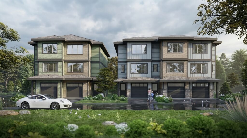 Modern house exterior partially covered by overlapping digital interface windows and glitch effect overlay.