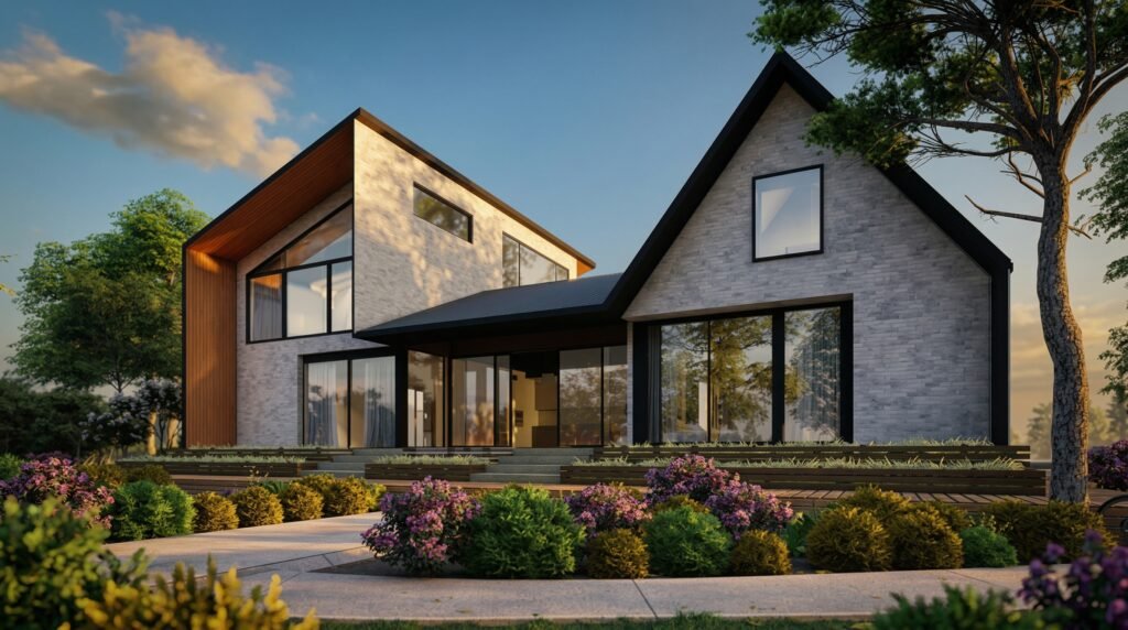 Modern luxury house exterior with large glass windows, landscaped garden, and warm golden hour lighting in 3D Architectural Rendering Studio