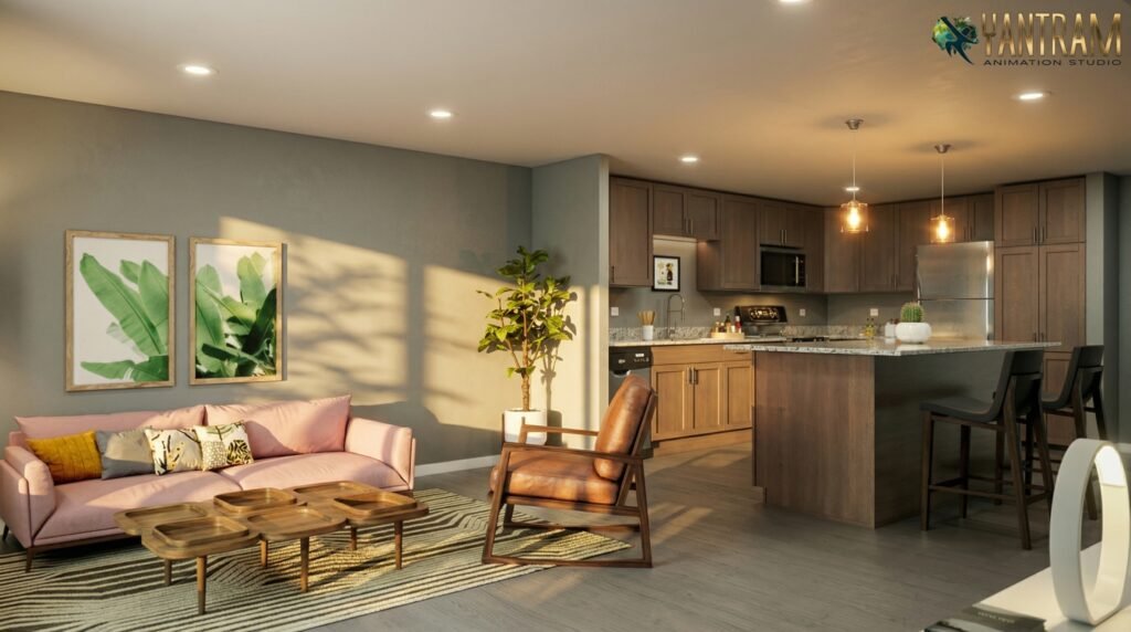 Photorealistic 3D interior visualization of a modern open-plan living room and kitchen with warm lighting and contemporary design using architectural visualization services.