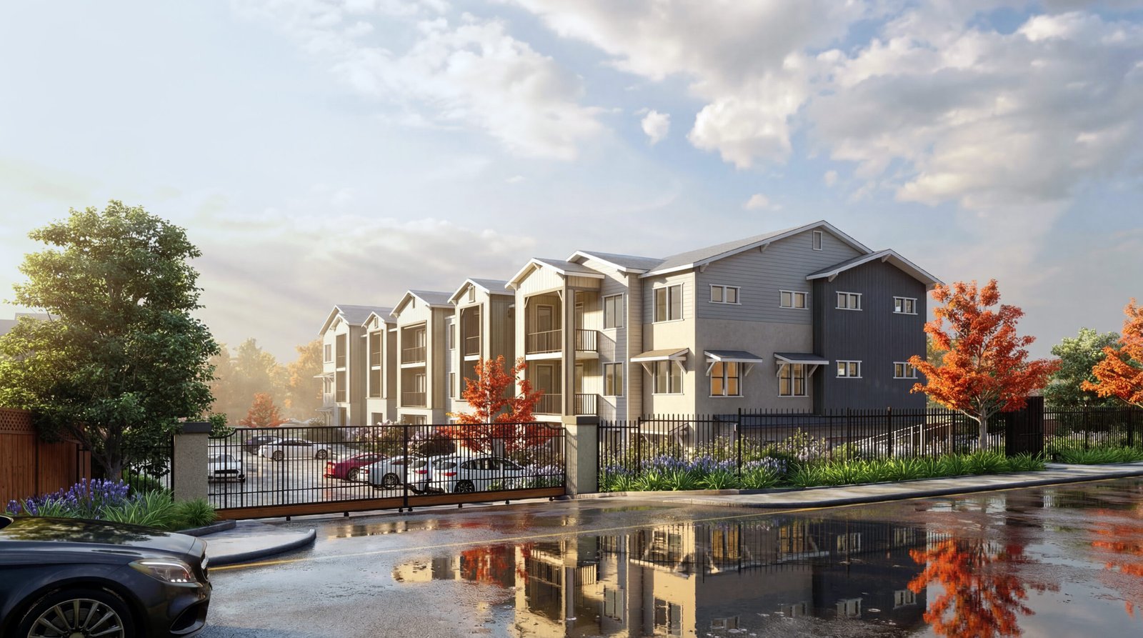 3D architectural visualization of modern residential apartments with gated community, landscaped surroundings, and sunset reflections