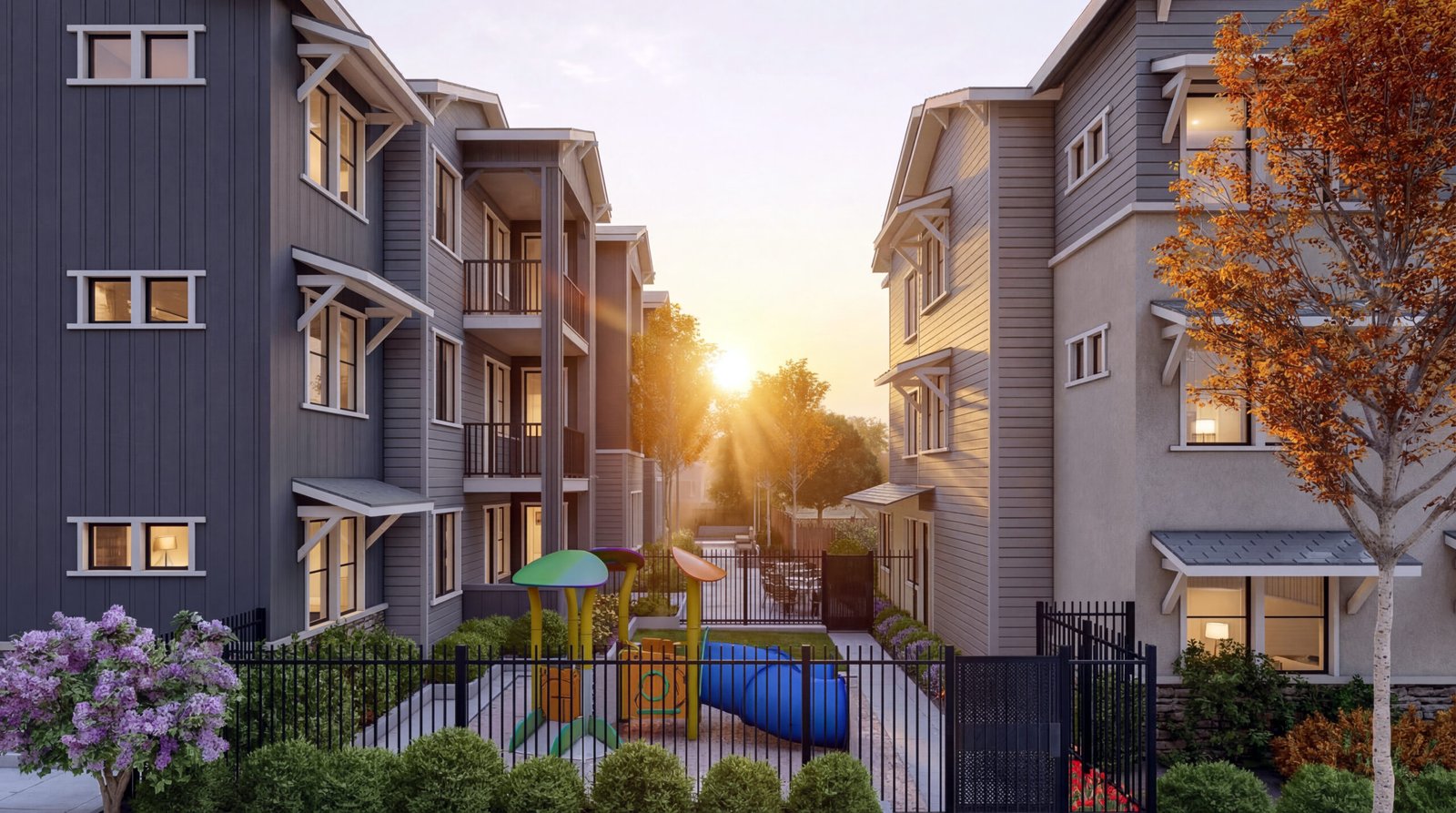 3D architectural visualization of residential apartments with sunset lighting and landscaped courtyard playground
