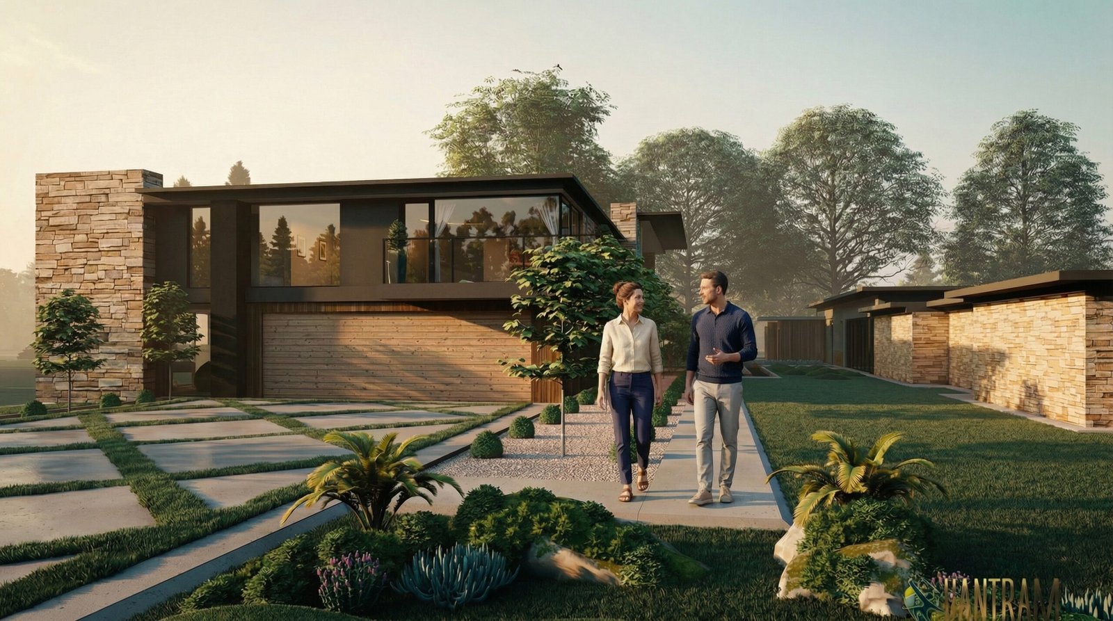 Modern luxury house exterior with landscape design and people walking, 3D architectural walkthrough visualization scene