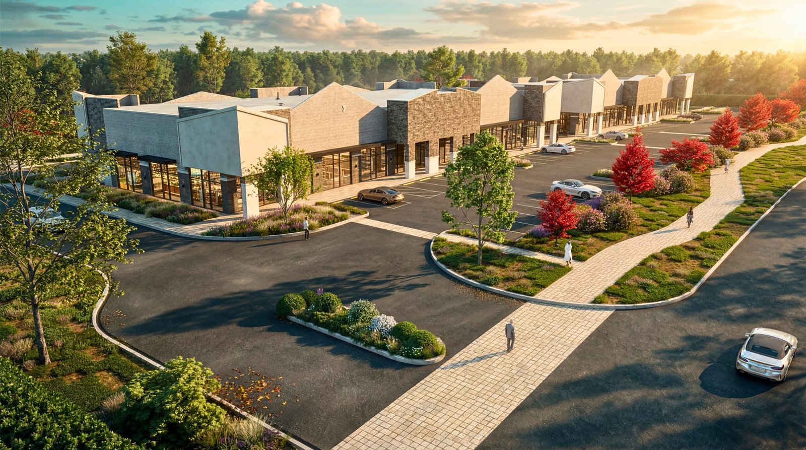 photorealistic 3D render of modern commercial retail complex with parking and landscape design