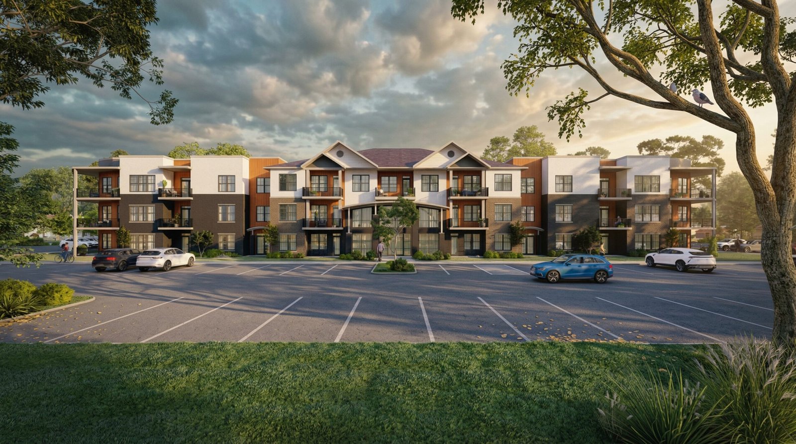 Modern low-rise apartment building exterior visualization with parking area, landscaped surroundings, and warm evening lighting