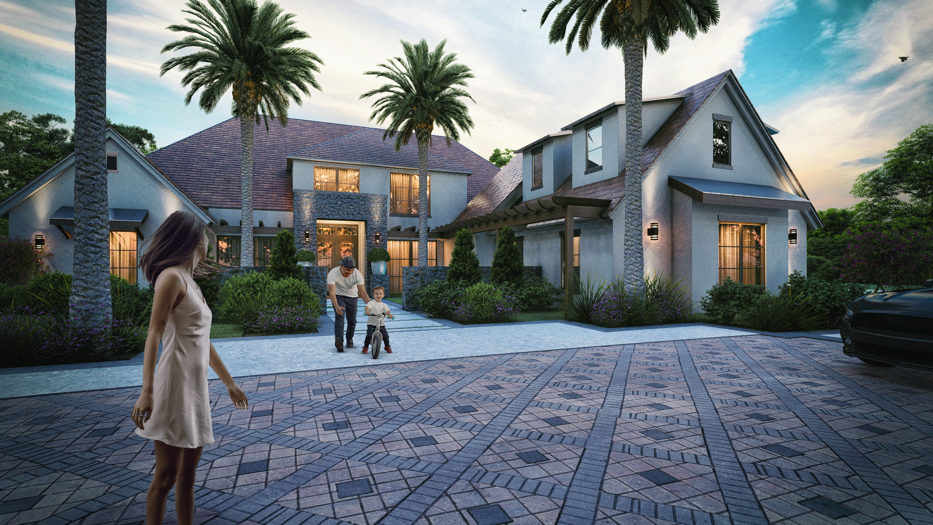 architectural rendering studio animation visualization services design Idea exterior Façade Garden landscape residential home bungalow house company walking side mansion photo real