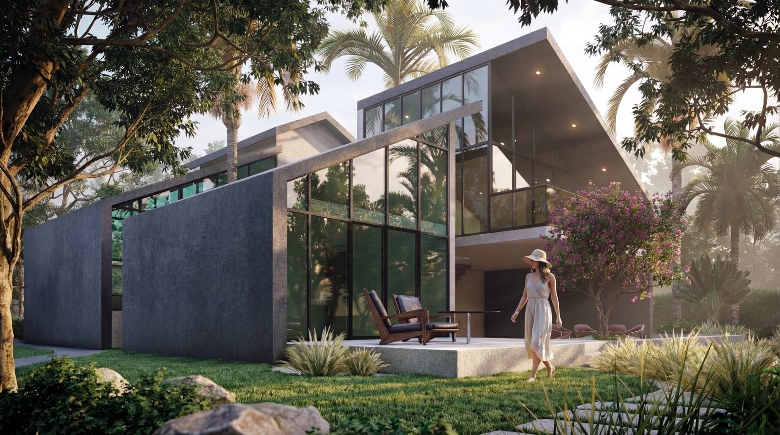Photorealistic 3D exterior rendering of a modern luxury villa with glass facade, tropical landscaping, and warm golden hour lighting