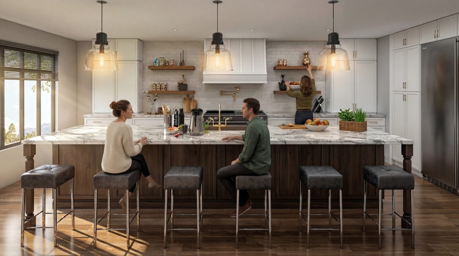 Kitchen rendering of a modern luxury kitchen with island seating, warm lighting, and realistic interior 3D render design