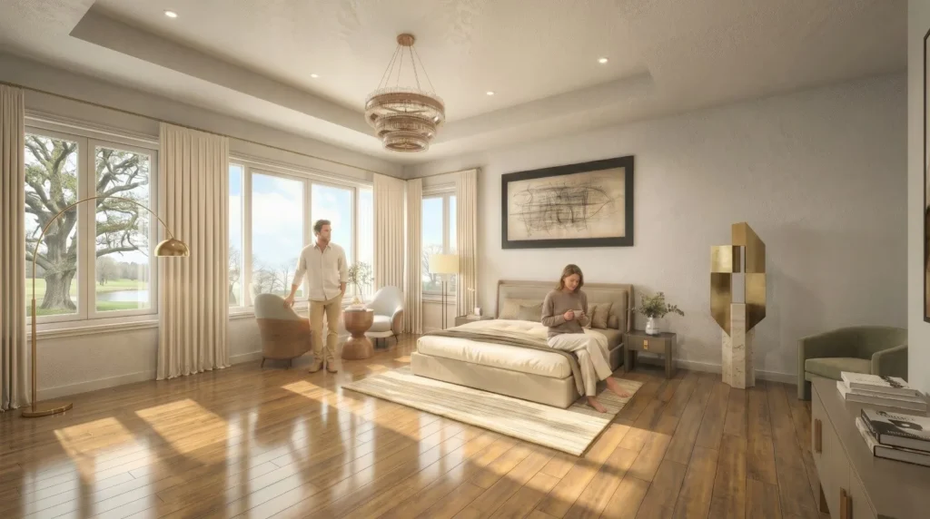3D interior rendering of a modern luxury bedroom with large windows, elegant furniture, wooden flooring, and natural lighting for interior design approval.
