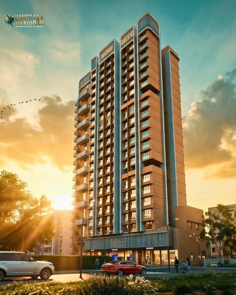 Commercial Building Rendering of a modern residential and retail tower at sunset with realistic lighting, vehicles, and streetscape.