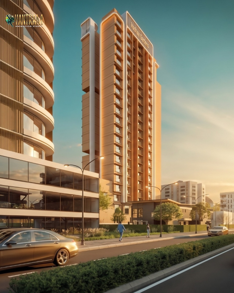 Commercial Building Rendering street-level view of a modern high-rise tower surrounded by commercial buildings, roads, and landscaped public spaces.
