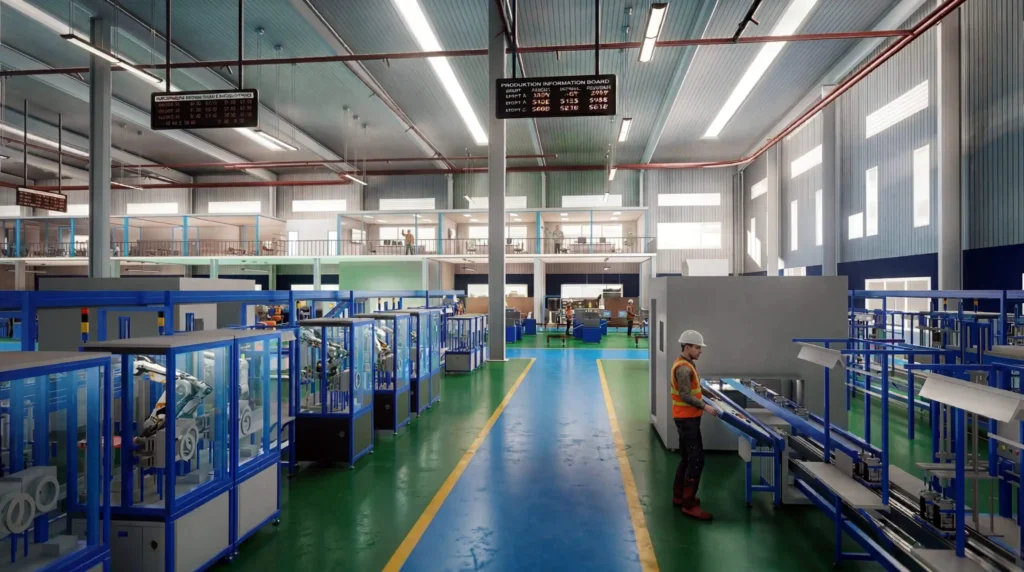 3D Factory Rendering of an automated manufacturing facility featuring robotic production lines, industrial equipment, and modern factory infrastructure.