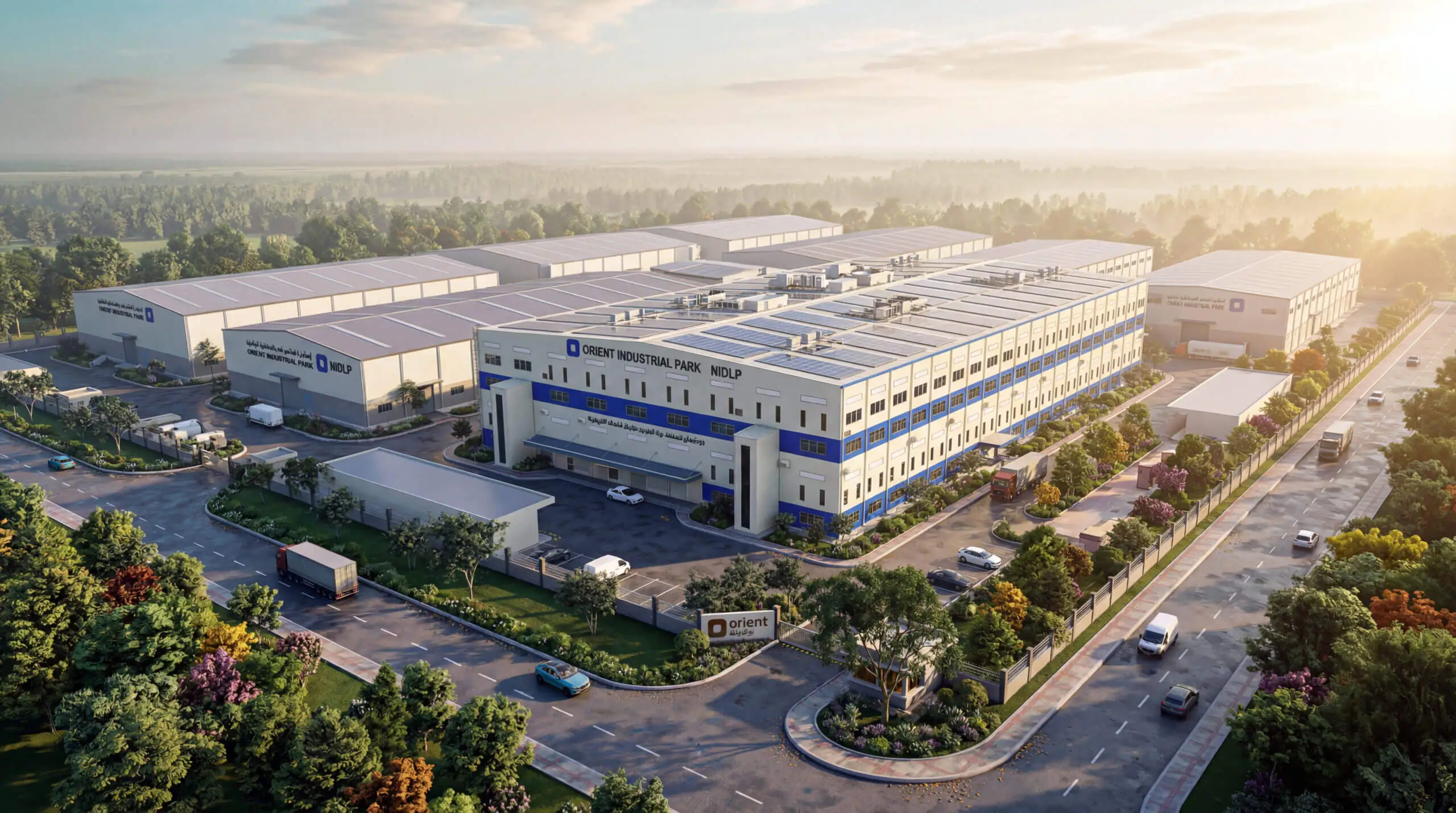 3D Factory Rendering aerial view of a modern industrial park with manufacturing plants, warehouses, logistics facilities, and landscaped surroundings.