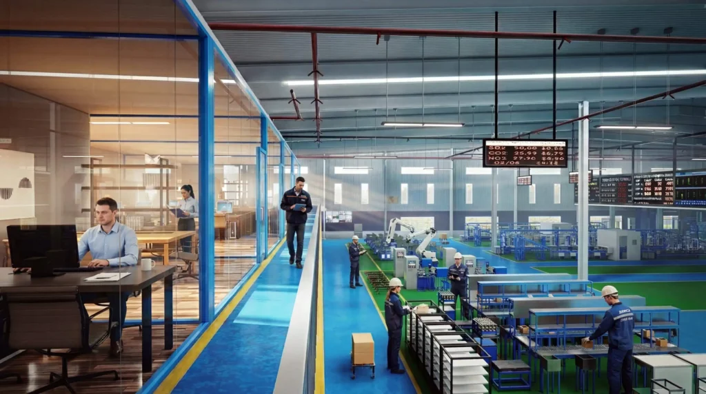 3D Factory Rendering of a modern industrial workspace integrating automation systems, production equipment, and administrative offices.