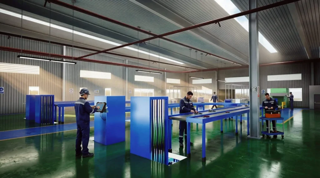 3D Factory Rendering showing workers operating machinery inside a modern industrial manufacturing facility.