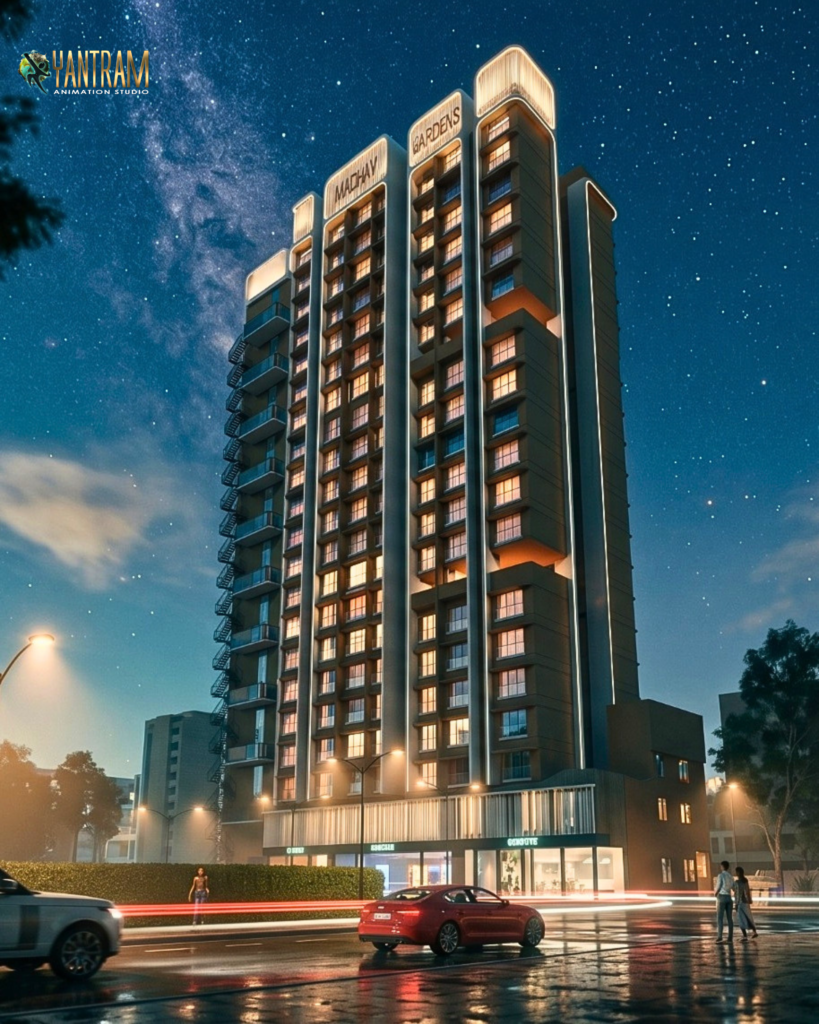 Commercial Building Rendering night view of a high-rise tower with illuminated façade, city lights, and realistic urban atmosphere.