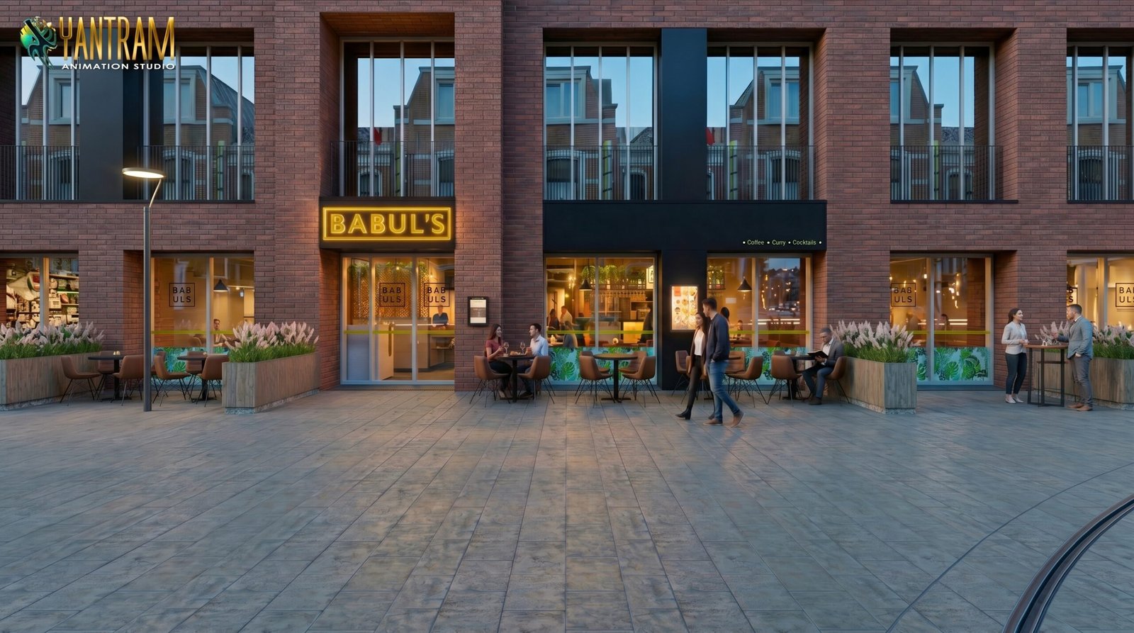 Hospitality rendering showcasing a modern restaurant exterior with outdoor seating, illuminated signage, realistic lighting, and contemporary architectural design.