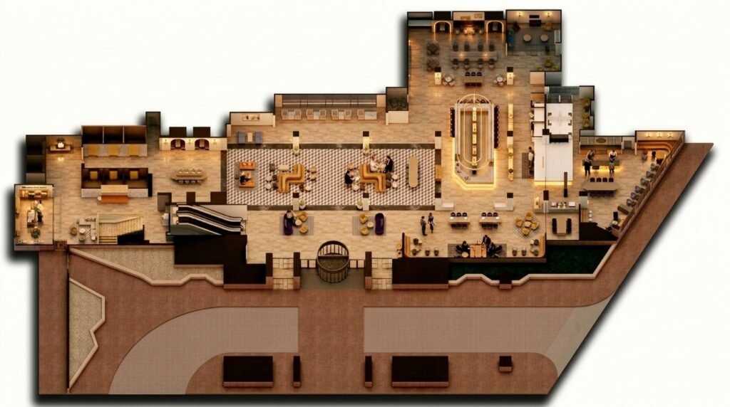 Detailed hotel ground floor 3D floor plan showing reception, lobby lounge, restaurant areas, circulation paths, elevators, and hospitality amenities.