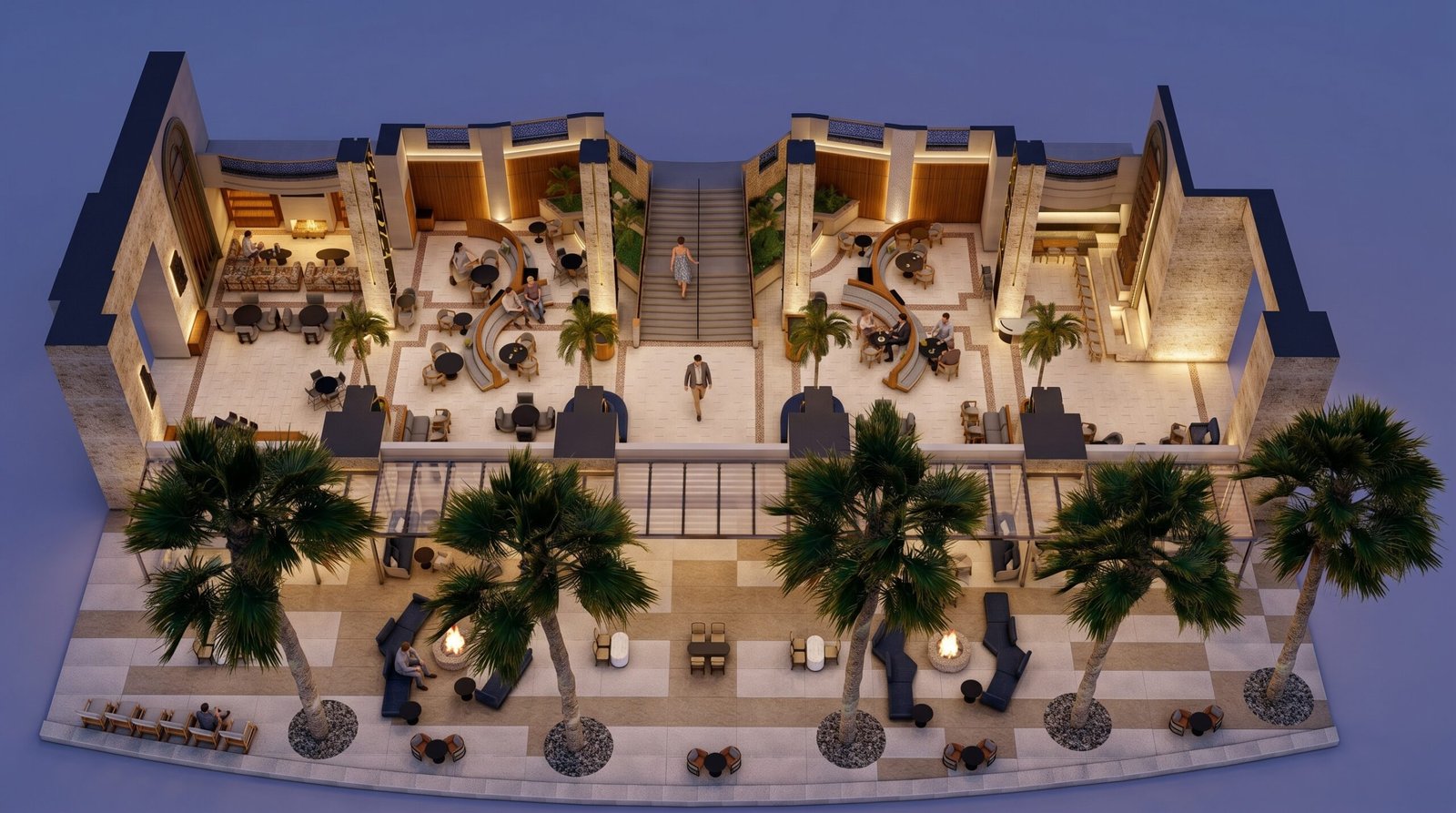 3D floor plan of a luxury resort lobby with outdoor lounge seating, palm-lined terrace, fire pits, hospitality spaces, and elegant interior design.