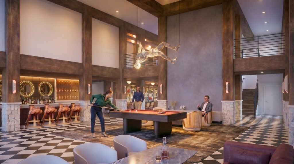 Photorealistic hotel social lounge 3D visualization featuring a luxury billiards table, cocktail bar, sculptural chandelier, double-height atrium, and upscale hospitality interior design.