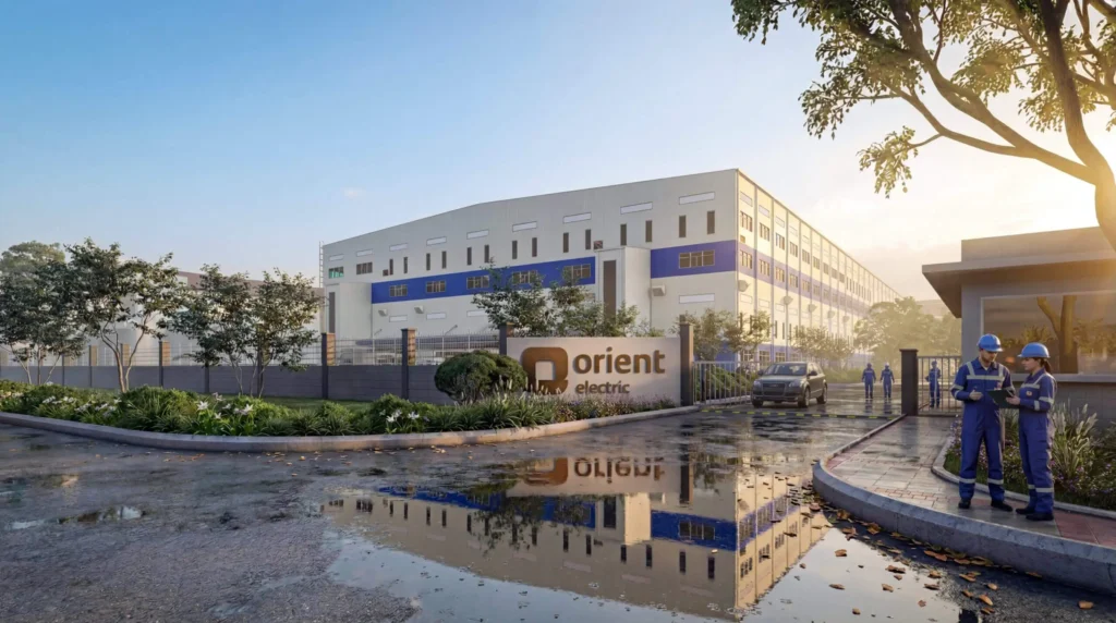 3D Factory Rendering exterior view of a modern manufacturing plant with landscaped surroundings and industrial infrastructure.