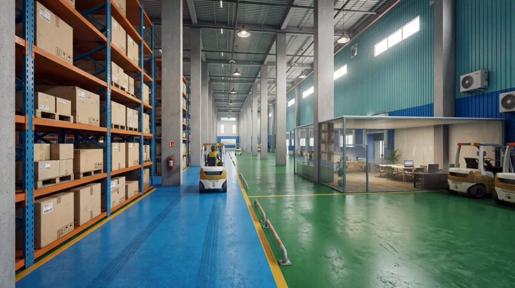 3D Factory Rendering of an industrial warehouse interior with storage racks, logistics equipment, and warehouse management facilities.