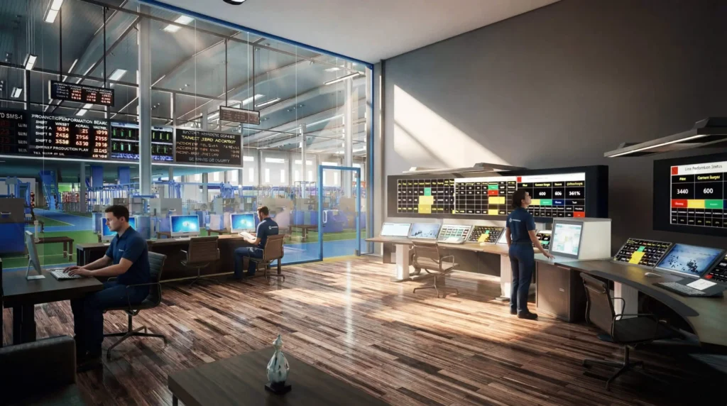 3D Factory Rendering of a smart factory control room featuring digital monitoring systems, operational dashboards, and industrial automation management.