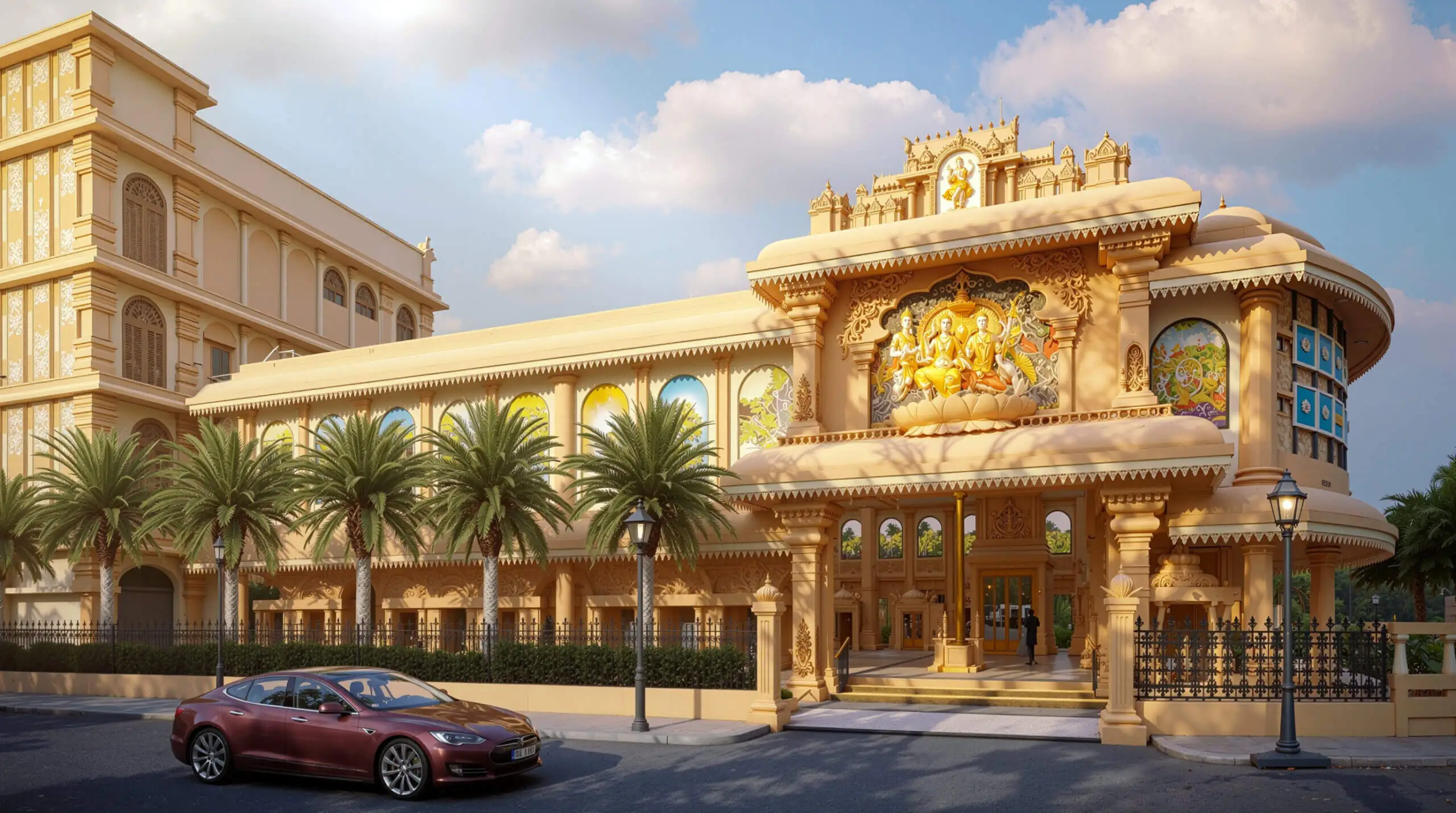 3D Exterior Rendering of a grand Hindu temple featuring intricate architectural carvings, decorative façades, landscaped entrance, and traditional design.