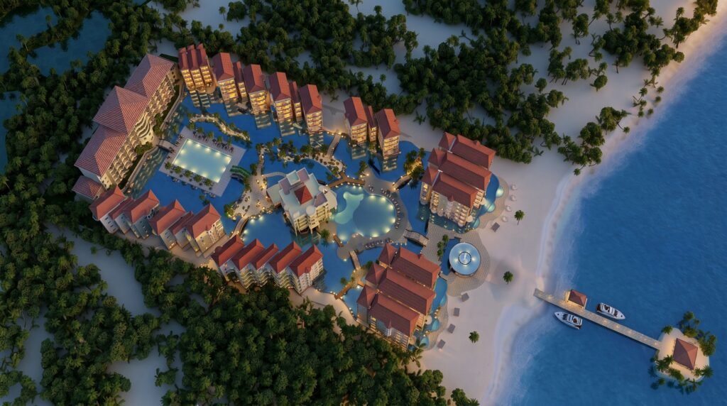 Aerial 3D rendering of a luxury beachfront resort masterplan featuring oceanfront villas, lagoon pools, tropical landscaping, private marina, and resort amenities.