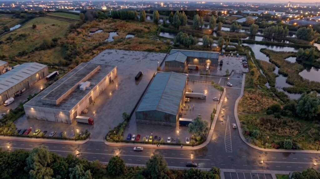 Modern industrial business park rendering featuring warehouse buildings, logistics yard, forklifts, loading docks, landscaped streets, and commercial infrastructure at sunset.