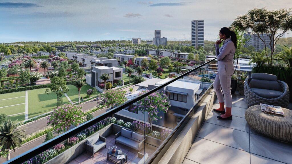Photorealistic balcony view overlooking a luxury residential township with villas, landscaped gardens, and premium amenities.