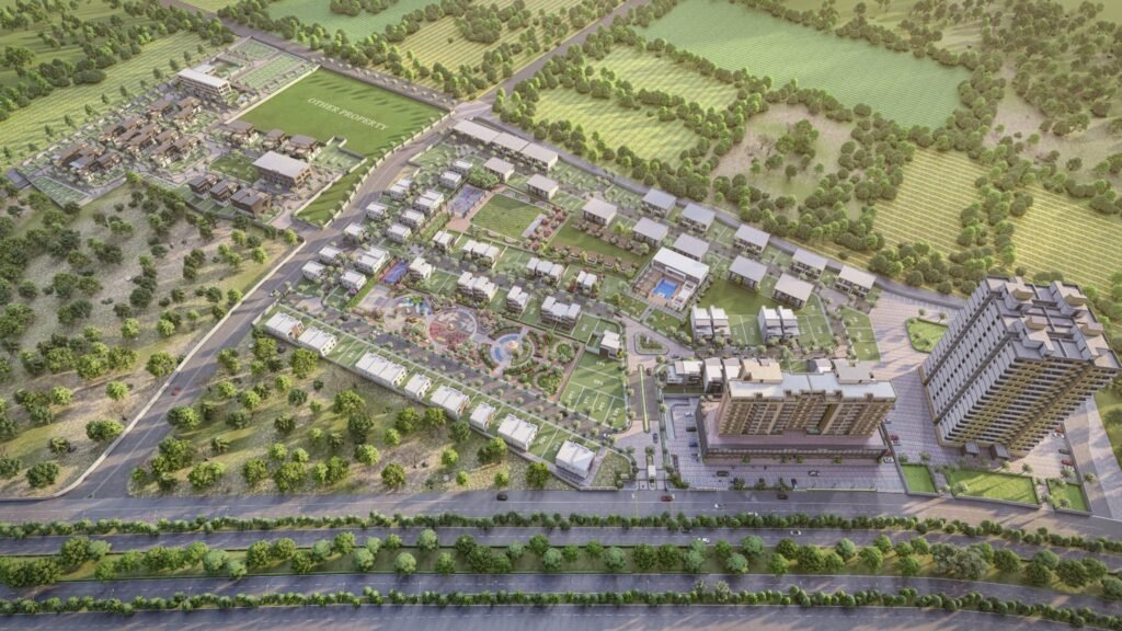 Aerial 3D rendering of a mixed-use township featuring residential villas, apartments, commercial buildings, roads, and landscaped amenities.
