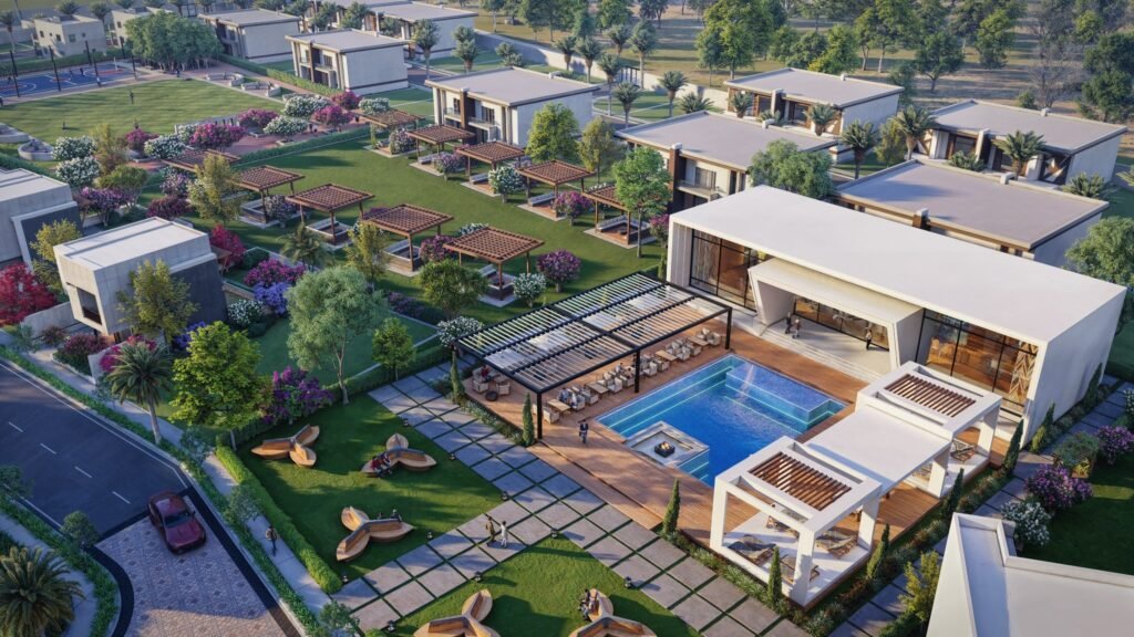 Photorealistic clubhouse rendering featuring an infinity pool, outdoor lounge, landscaped gardens, and luxury community amenities.