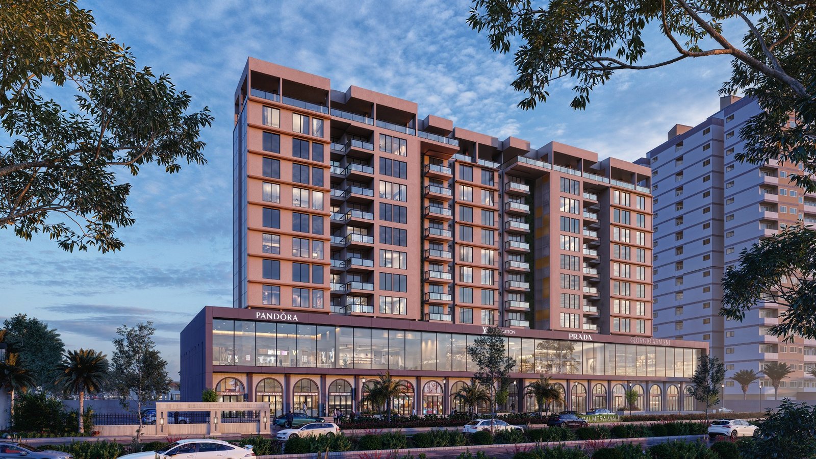 High-rise residential tower with luxury retail podium, commercial storefronts, landscaped frontage, and modern mixed-use 3D Architectural Walkthrough.