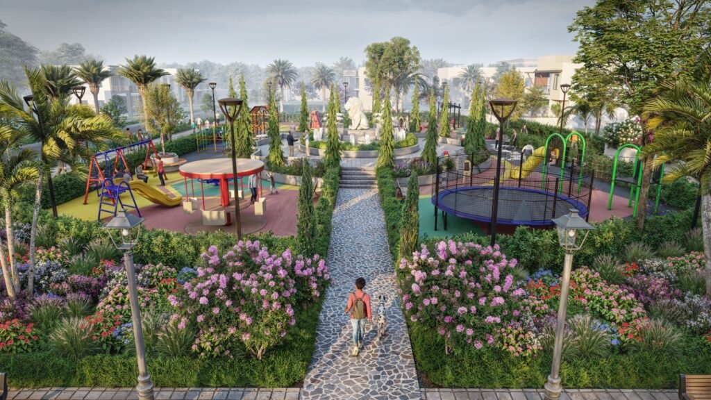 Beautiful landscaped community garden with children's playground, walking paths, decorative plants, and family recreation spaces.