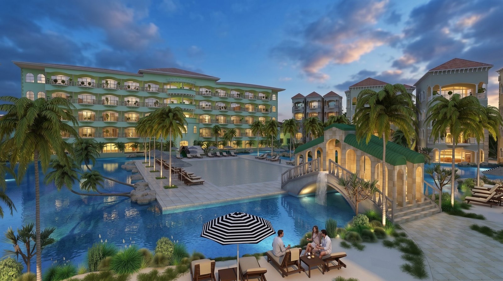 Luxury lagoon pool resort architectural visualization with tropical bridges, swimming pools, palm trees, landscaped gardens, and Mediterranean-style resort buildings.