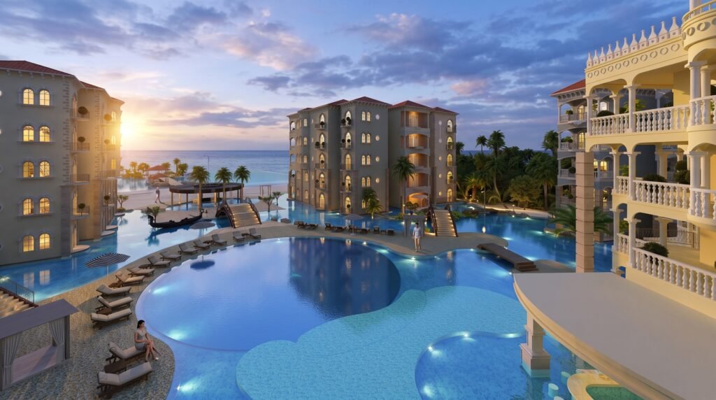 Luxury oceanfront resort swimming pool rendering at sunset with infinity pool, waterfront apartments, illuminated bridges, and panoramic sea views.