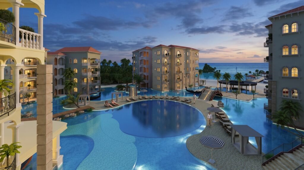 Luxury resort infinity pool rendering with lagoon views, palm-lined pathways, beachfront apartments, tropical landscaping, and modern hospitality architecture.