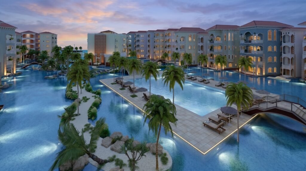 Luxury tropical resort swimming pool rendering featuring palm trees, island-style landscaping, illuminated pools, luxury apartments, and waterfront relaxation areas.