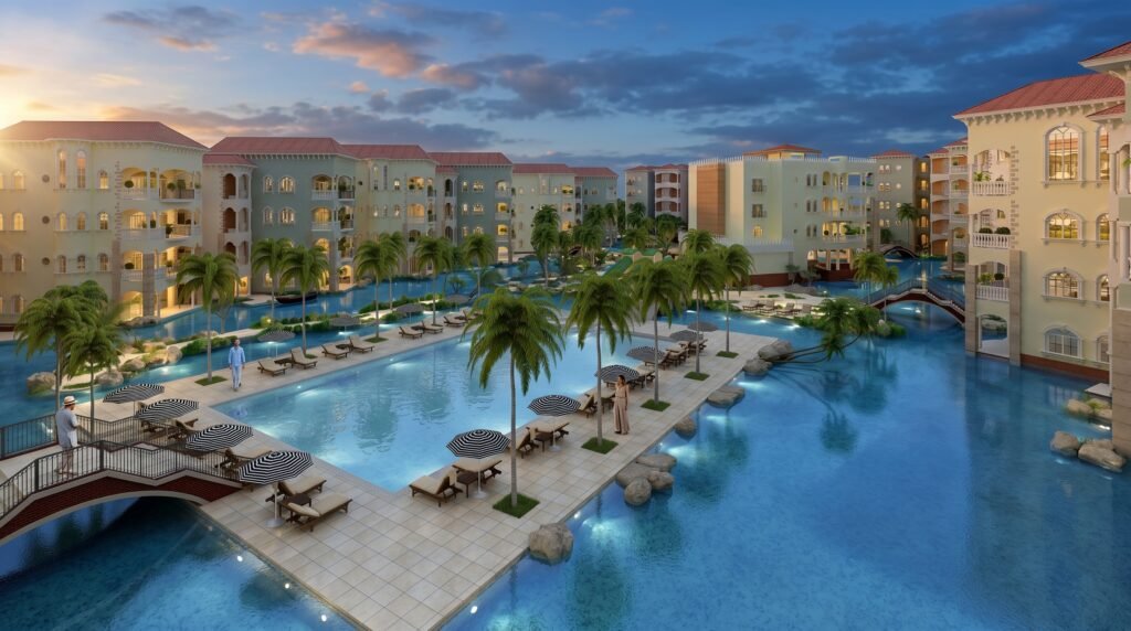 Mediterranean beach resort pool landscape rendering featuring palm-lined pool decks, luxury residences, landscaped islands, and waterfront leisure spaces.